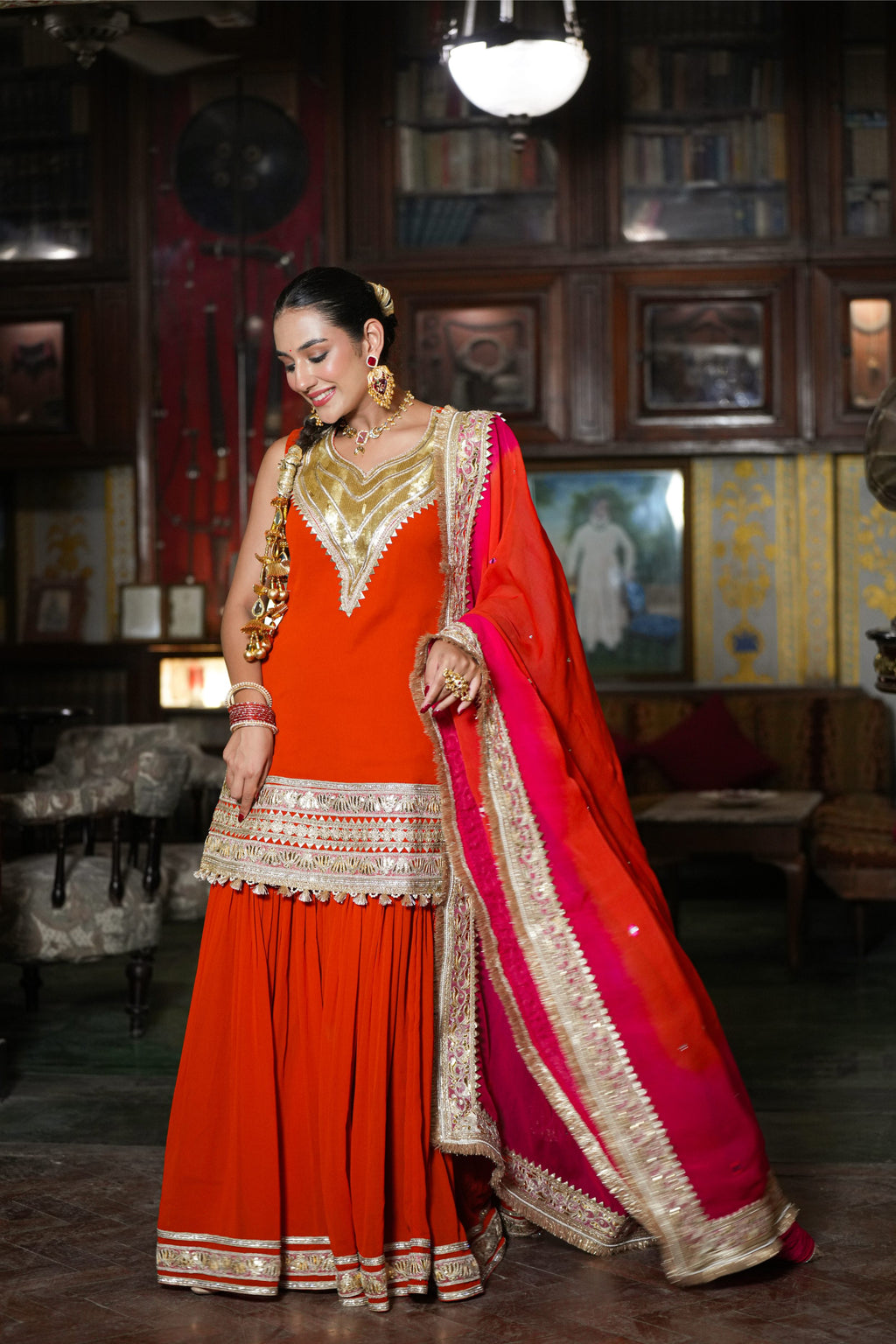 Rangrez Riwaayat – Vermilion Orange & Rani Pink Sharara Suit Set