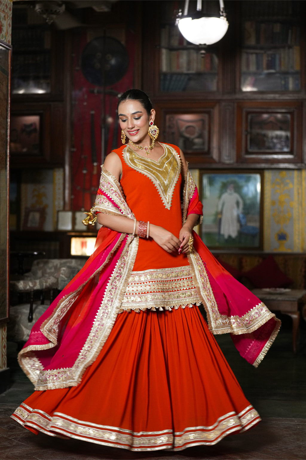 Rangrez Riwaayat – Vermilion Orange & Rani Pink Sharara Suit Set