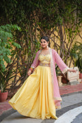 Aabira – Sunshine Yellow Crop Top & Blush Pink Embroidered Shrug Set