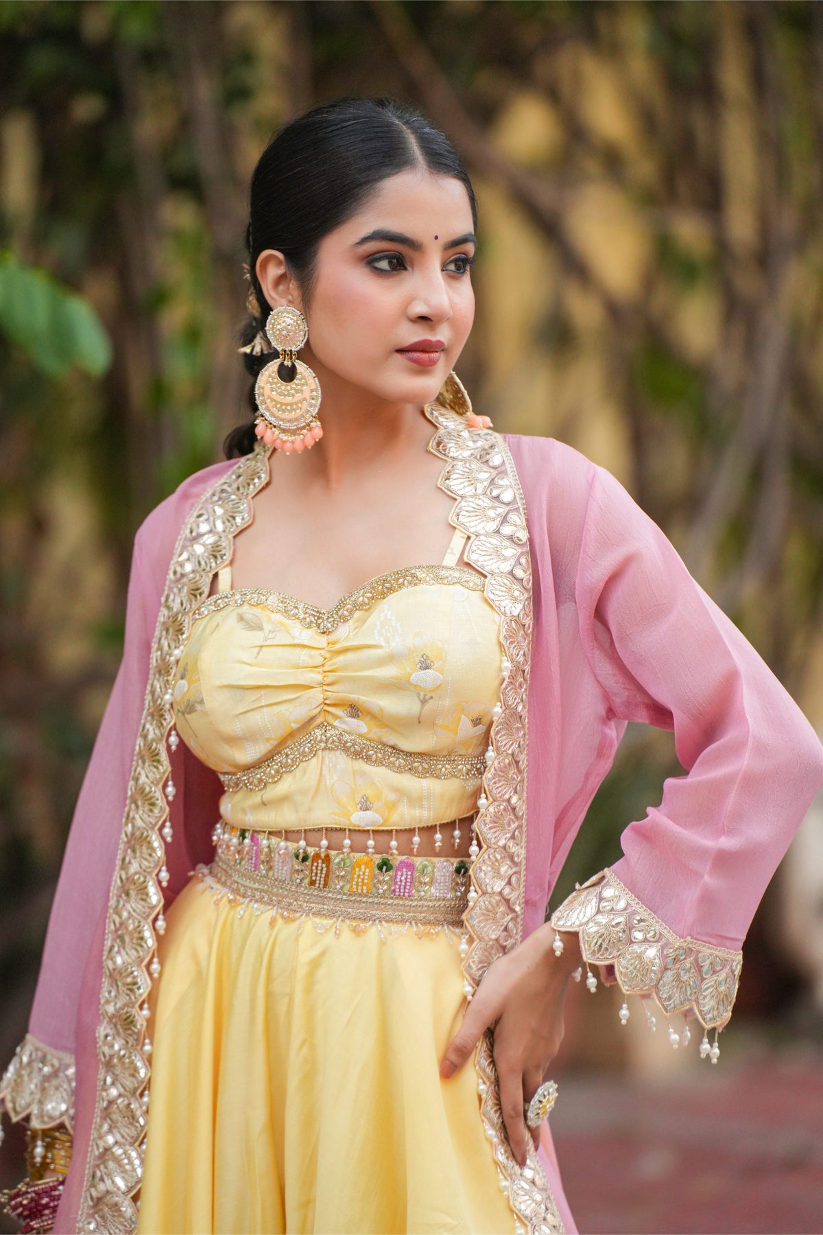 Aabira – Sunshine Yellow Crop Top & Blush Pink Embroidered Shrug Set