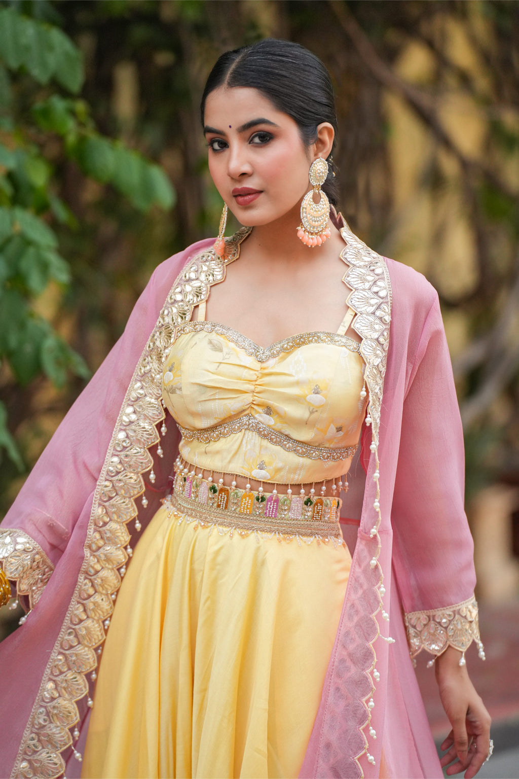 Aabira – Sunshine Yellow Crop Top & Blush Pink Embroidered Shrug Set