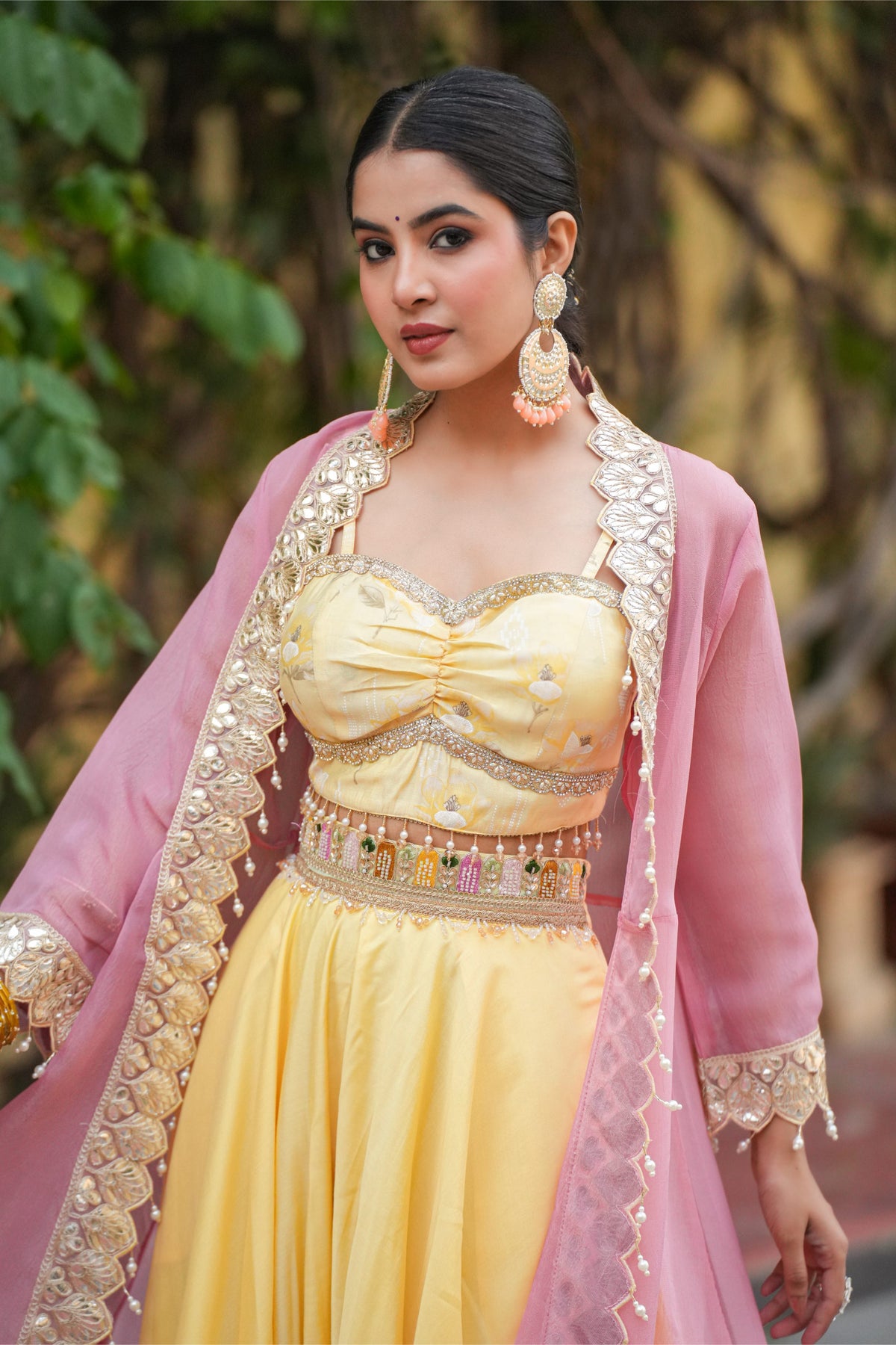 Aabira – Sunshine Yellow Crop Top & Blush Pink Embroidered Shrug Set