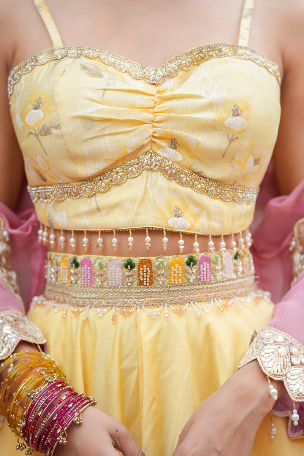 Aabira – Sunshine Yellow Crop Top & Blush Pink Embroidered Shrug Set