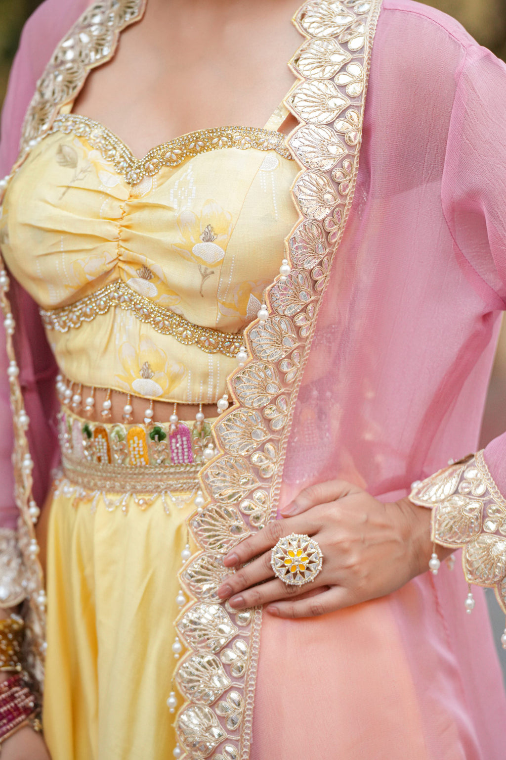 Aabira – Sunshine Yellow Crop Top & Blush Pink Embroidered Shrug Set