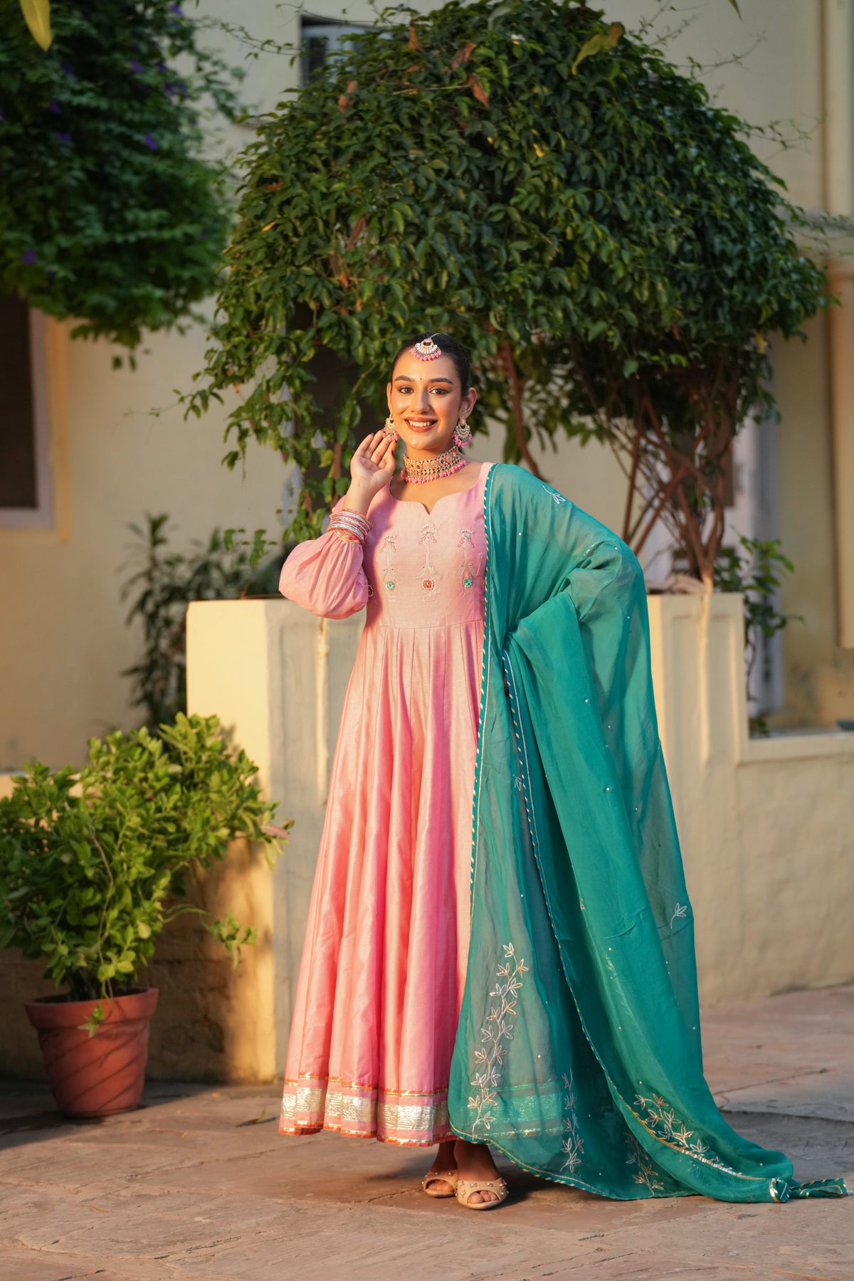 Phoolpari – Rose Pink & Teal Anarkali Suit Set