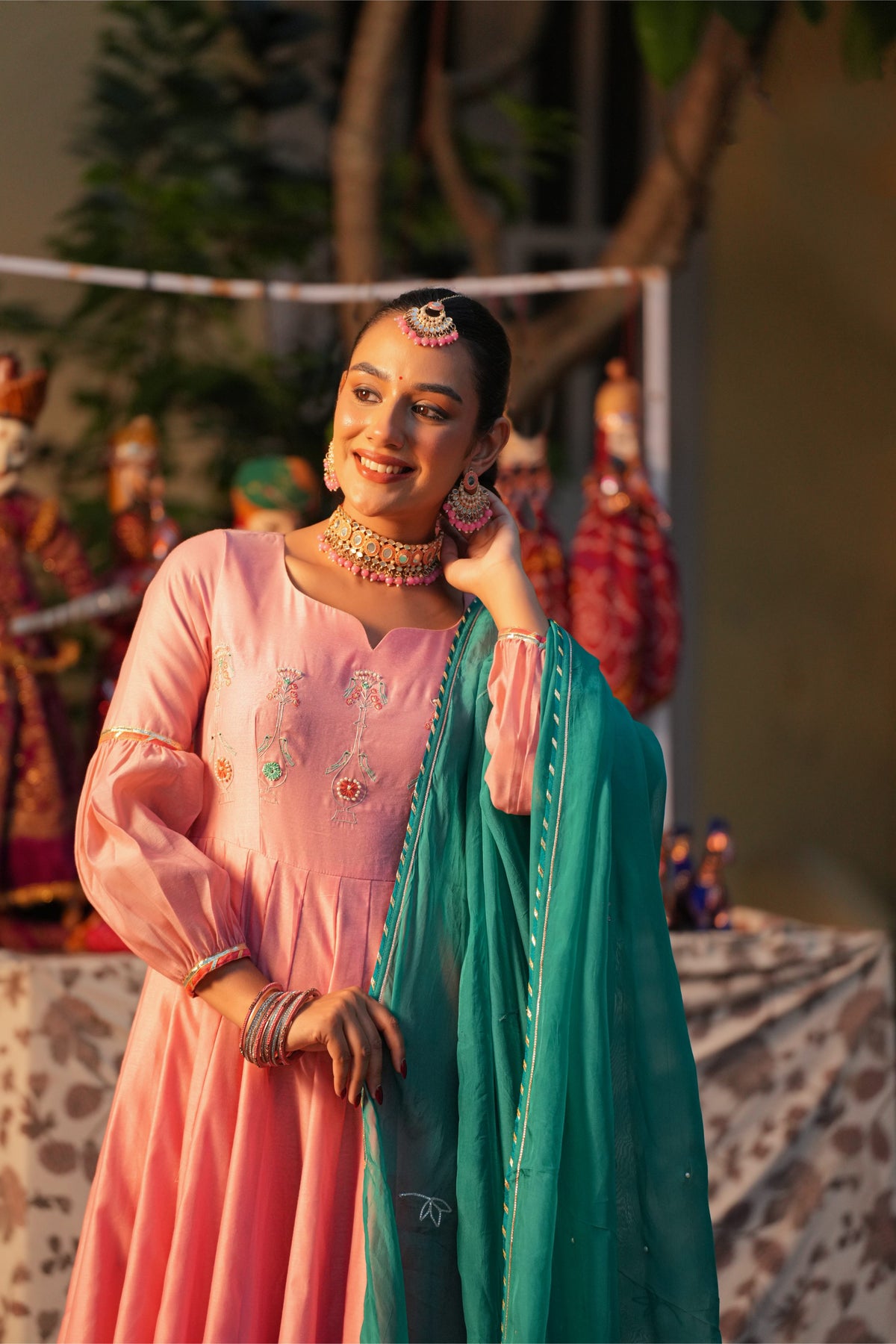 Phoolpari – Rose Pink & Teal Anarkali Suit Set