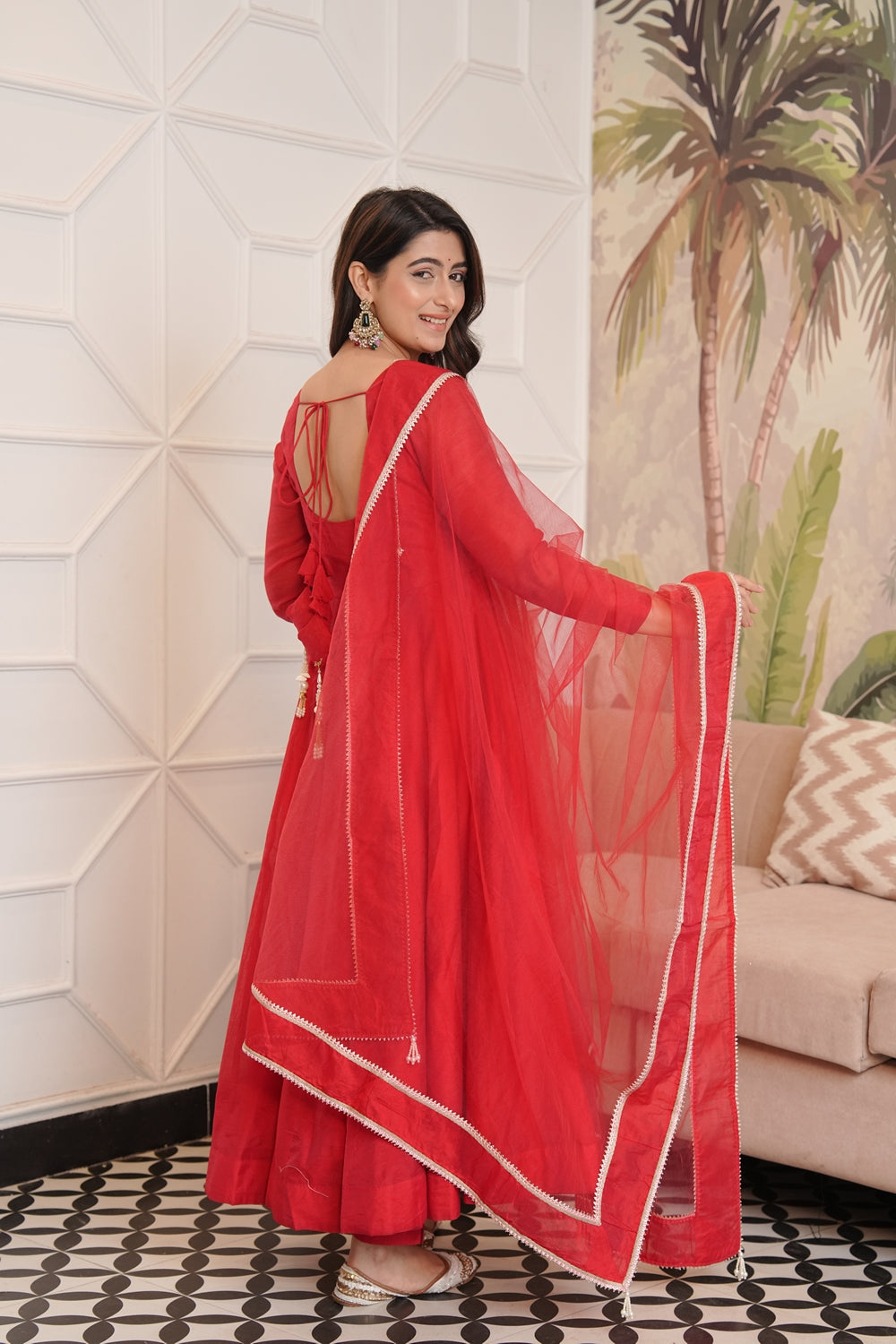 Indian Virasat Soundarya Red Anarkali Suit Set featuring intricate embroidery and flowing fabric, traditional Indian kurta set.
