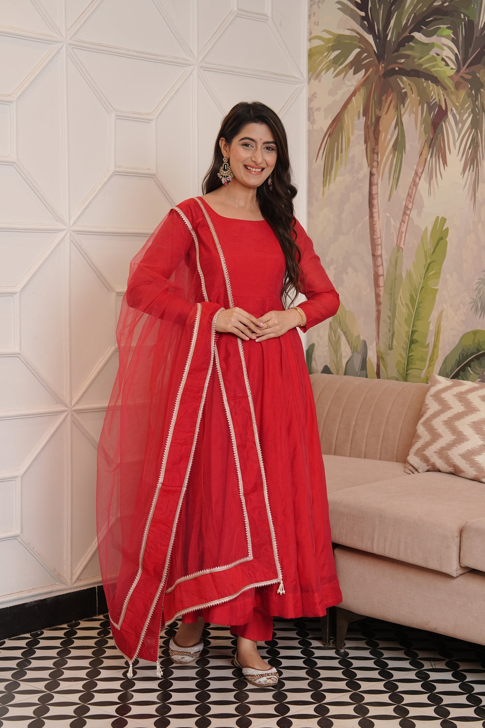 Indian Virasat Soundarya Red Anarkali Suit set featuring intricate embroidery and traditional styling, displayed on a mannequin.