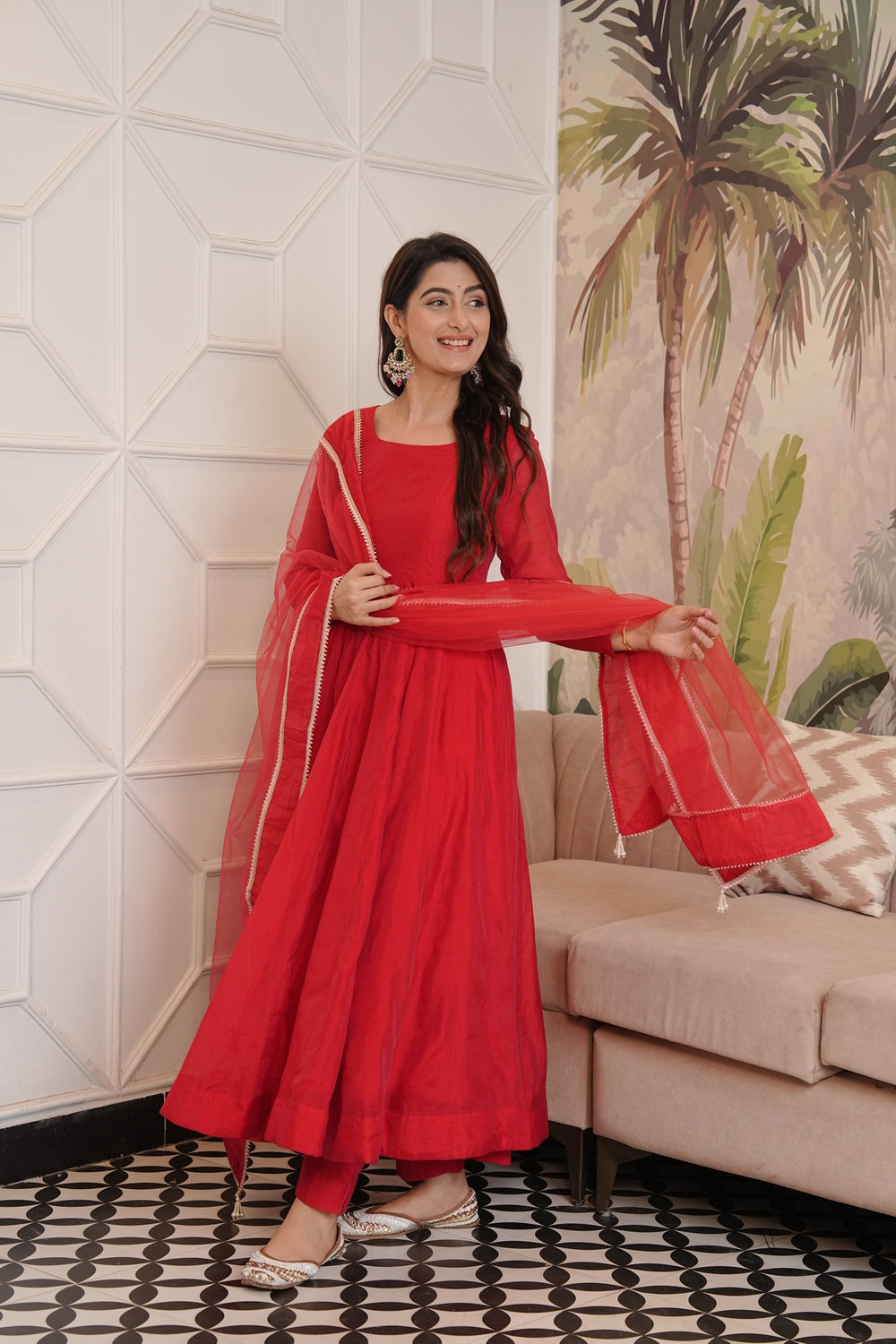 Indian Virasat Soundarya Red Anarkali Suit set featuring intricate embroidery and flowing fabric, perfect for festive occasions.