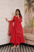 Indian Virasat Soundarya Red Anarkali Suit Set featuring intricate embroidery and flowing fabric, perfect for festive occasions.
