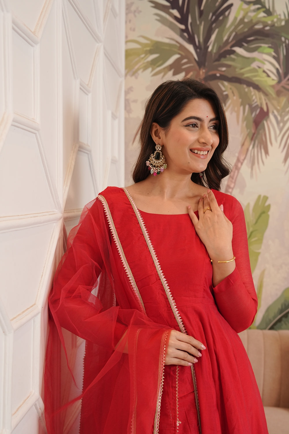 Indian Virasat Soundarya Red Anarkali Suit set with intricate embroidery and flowing fabric, traditional Indian kurta ensemble.