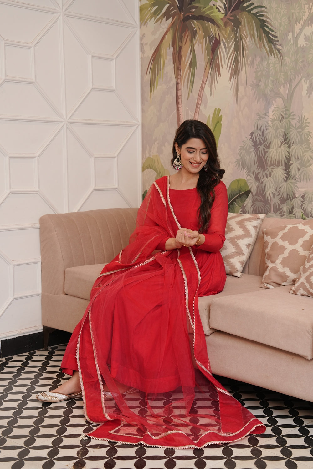 Indian Virasat Soundarya Red Anarkali Suit set featuring intricate embroidery and a flowing kurta with matching dupatta.