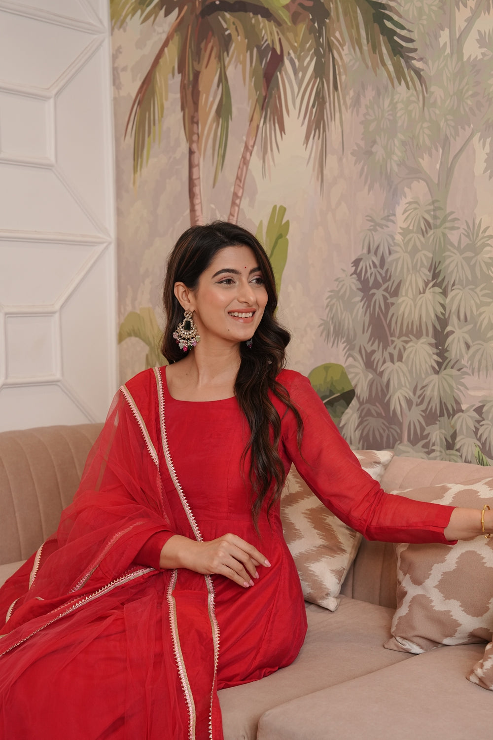 Indian Virasat Soundarya Red Anarkali Suit set with intricate embroidery and flowing fabric, traditional Indian kurta set for women.
