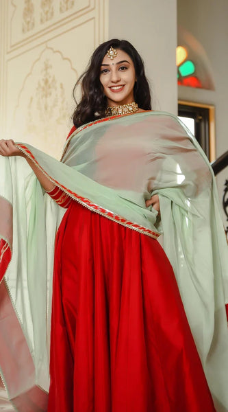 Crimson Red Chanderi Ethnic Dress With Pista Green Dupatta