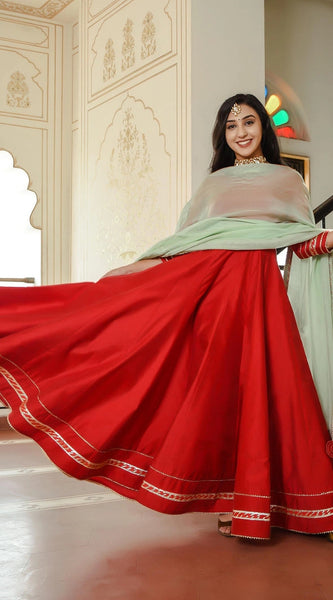 Crimson Red Chanderi Ethnic Dress With Pista Green Dupatta