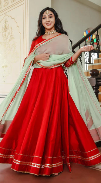Crimson Red Chanderi Ethnic Dress With Pista Green Dupatta