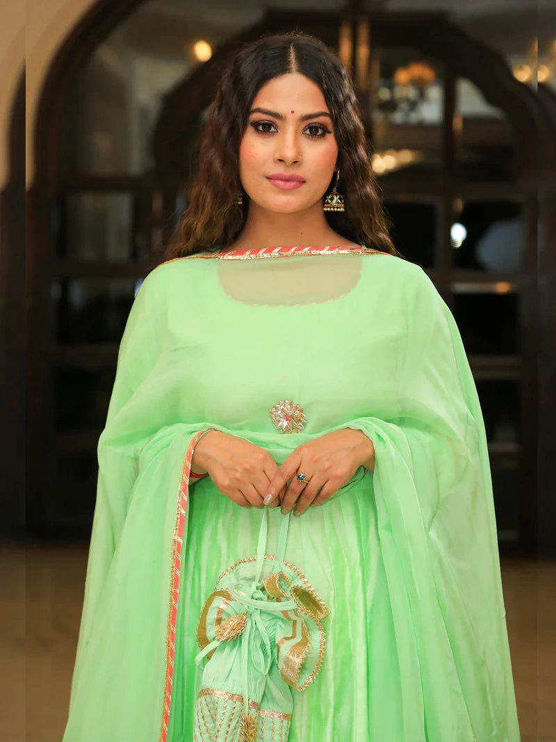 Pea Green Embroidered Anarkali Ethnic Dress With Dupatta - Indianvirasat