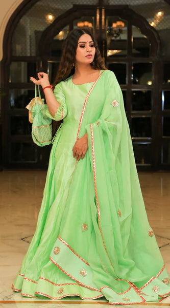 Pea Green Embroidered Anarkali Ethnic Dress With Dupatta