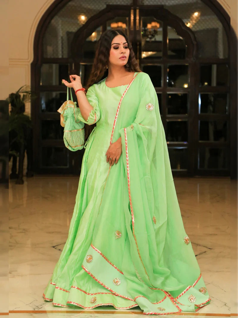 Pea Green Embroidered Anarkali Ethnic Dress With Dupatta - Indianvirasat
