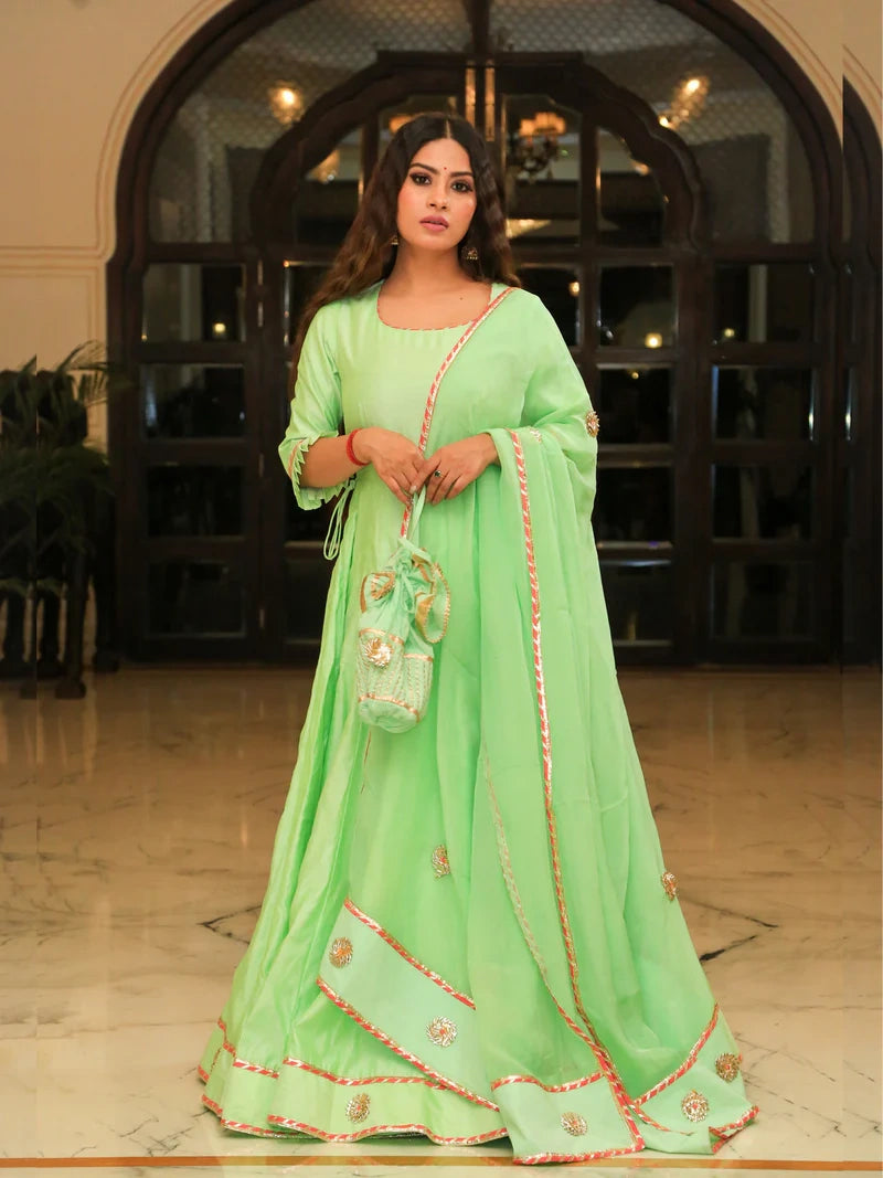 Pea Green Embroidered Anarkali Ethnic Dress With Dupatta - Indianvirasat
