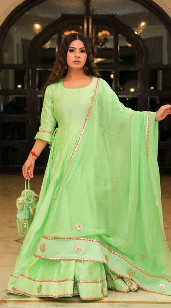 Pea Green Embroidered Anarkali Ethnic Dress With Dupatta