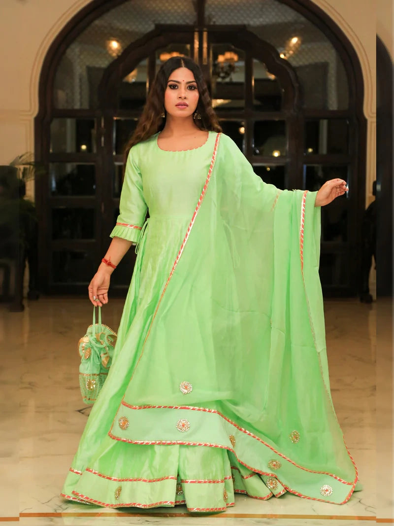 Pea Green Embroidered Anarkali Ethnic Dress With Dupatta - Indianvirasat