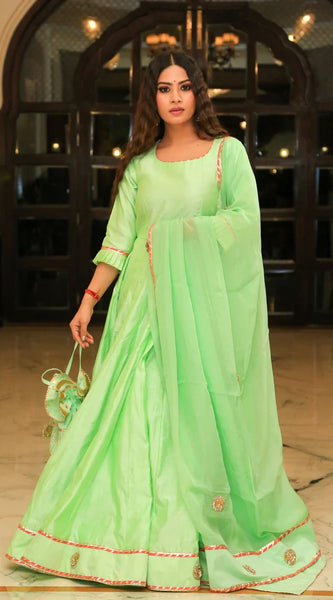 Pea Green Embroidered Anarkali Ethnic Dress With Dupatta