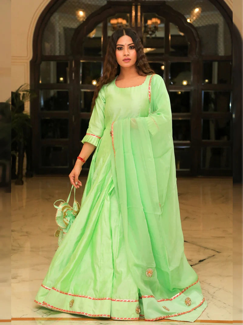 Pea Green Embroidered Anarkali Ethnic Dress With Dupatta - Indianvirasat