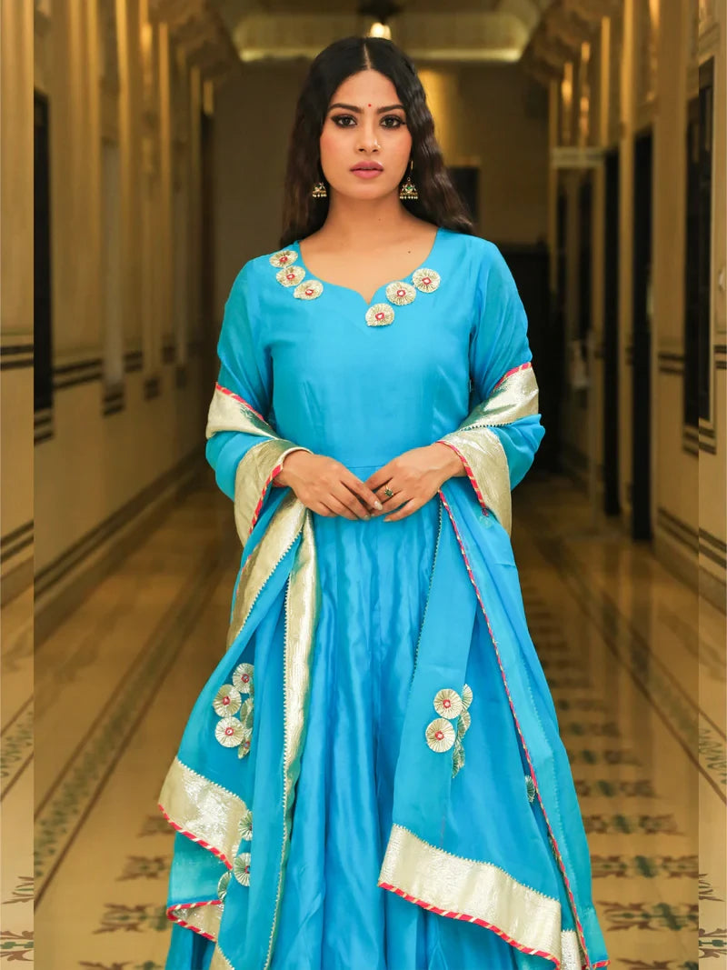 Srivalli Cyan Blue Chanderi Embroidered Anarkali Dress - Indianvirasat