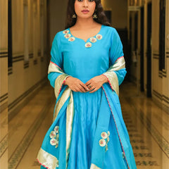 Srivalli Cyan Blue Chanderi Embroidered Anarkali Dress - Indianvirasat