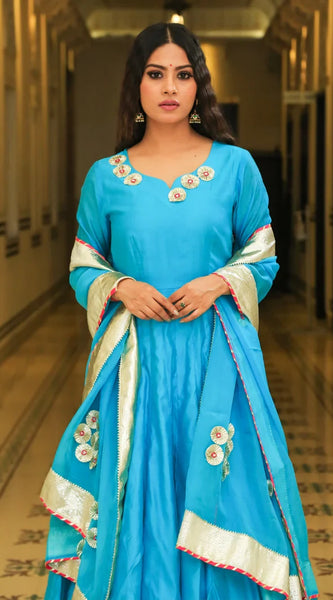 Srivalli Cyan Blue Chanderi Embroidered Anarkali Dress - Indianvirasat