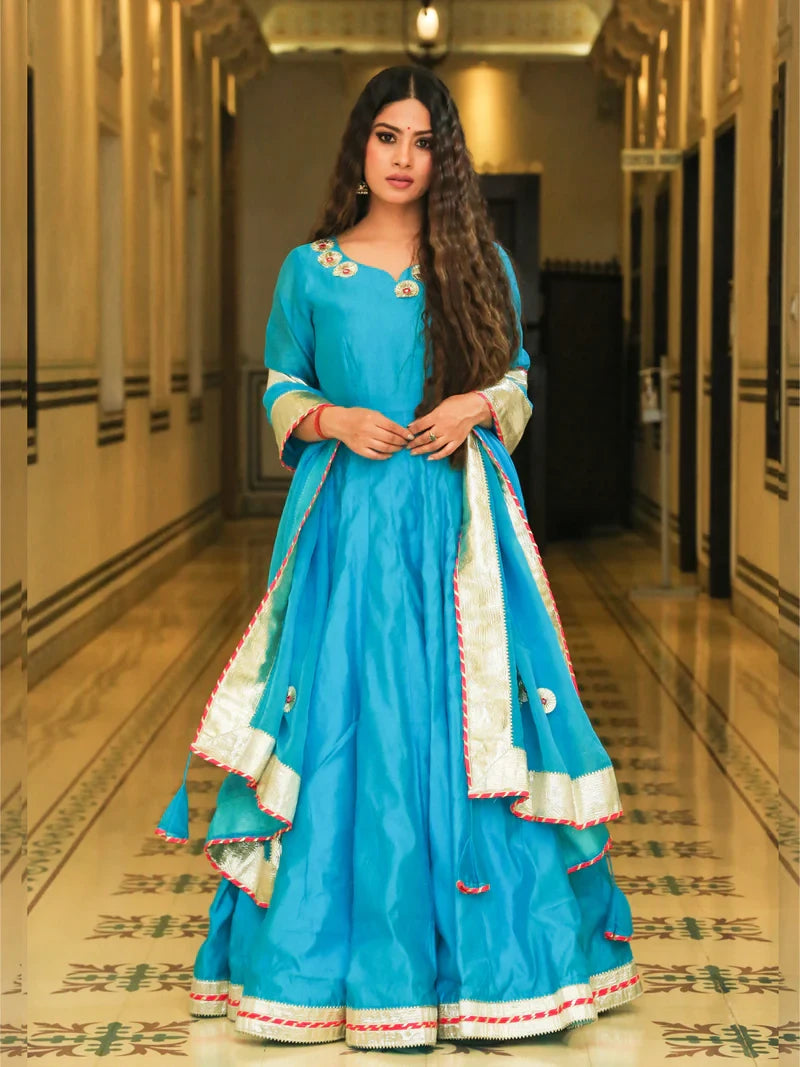 Srivalli Cyan Blue Chanderi Embroidered Anarkali Dress - Indianvirasat