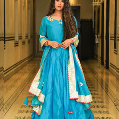 Srivalli Cyan Blue Chanderi Embroidered Anarkali Dress - Indianvirasat