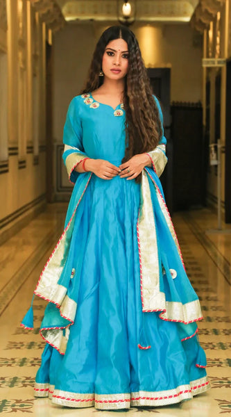 Srivalli Cyan Blue Chanderi Embroidered Anarkali Dress