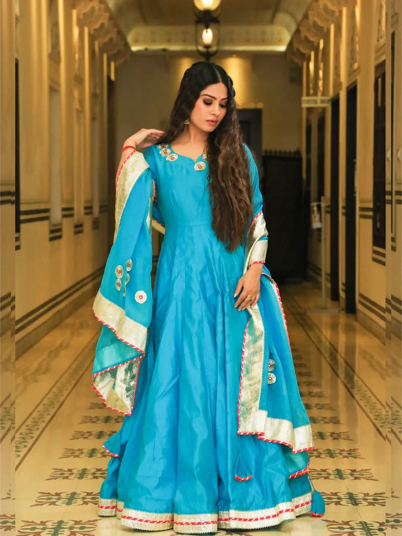 Srivalli Cyan Blue Chanderi Embroidered Anarkali Dress - Indianvirasat