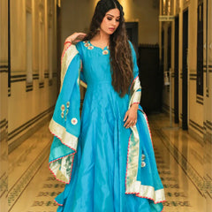 Srivalli Cyan Blue Chanderi Embroidered Anarkali Dress - Indianvirasat