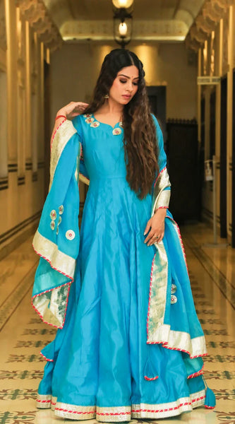 Srivalli Cyan Blue Chanderi Embroidered Anarkali Dress - Indianvirasat