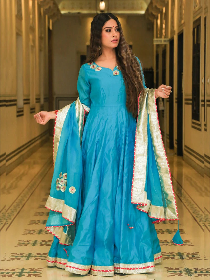 Srivalli Cyan Blue Chanderi Embroidered Anarkali Dress - Indianvirasat