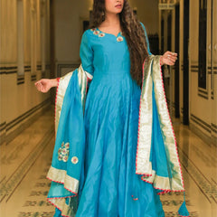 Srivalli Cyan Blue Chanderi Embroidered Anarkali Dress - Indianvirasat