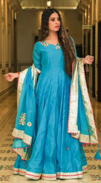 Srivalli Cyan Blue Chanderi Embroidered Anarkali Dress - Indianvirasat