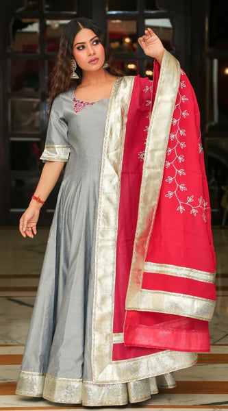 Silver Grey Embroidery Anarkali Ethnic Dress with Rani Dupatta