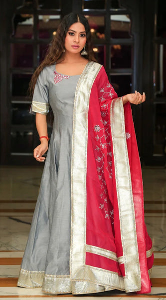 Silver Grey Embroidery Anarkali Ethnic Dress with Rani Dupatta
