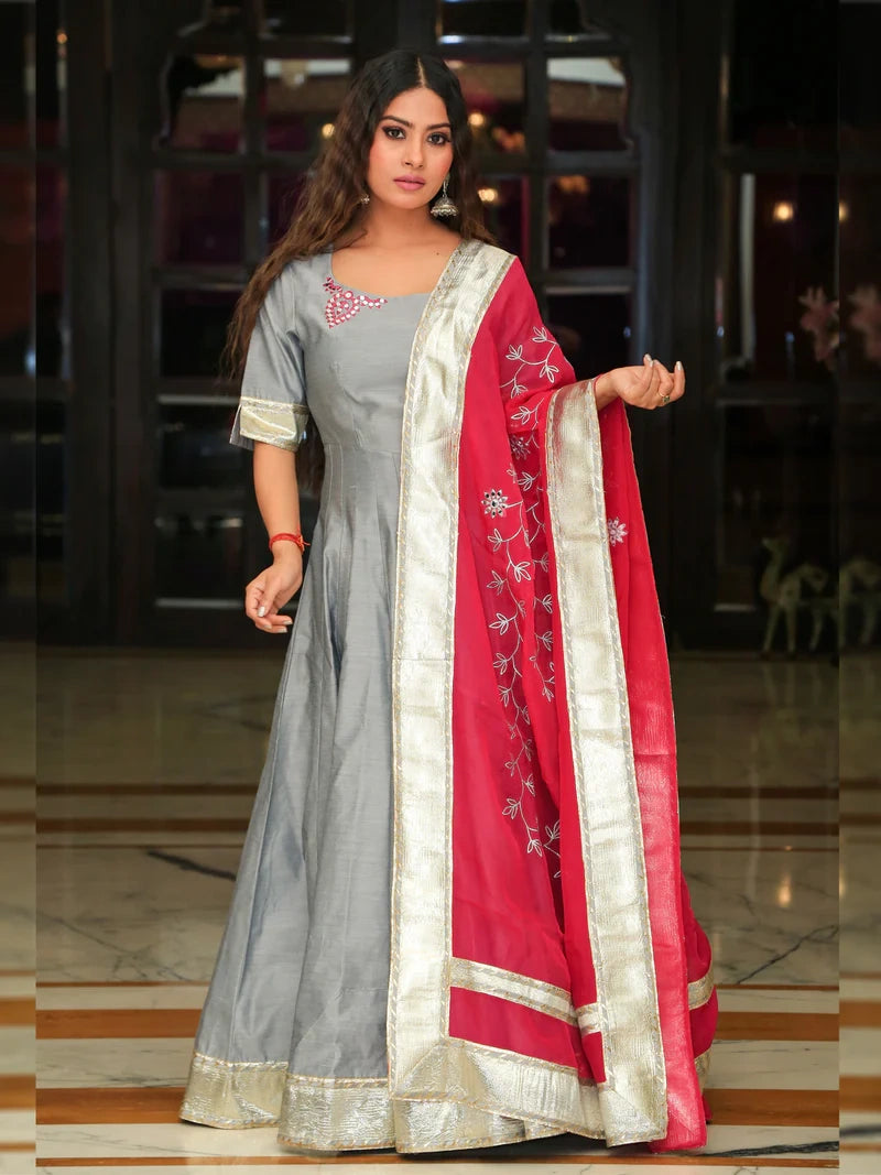 Silver Grey Embroidery Anarkali Ethnic Dress with Rani Dupatta - Indianvirasat