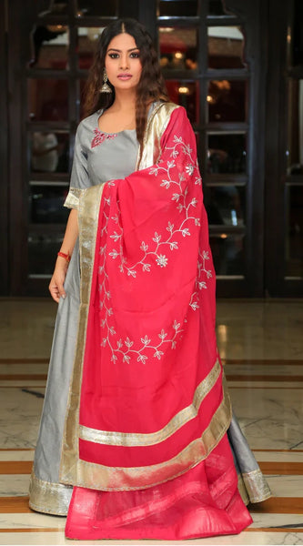 Silver Grey Embroidery Anarkali Ethnic Dress with Rani Dupatta