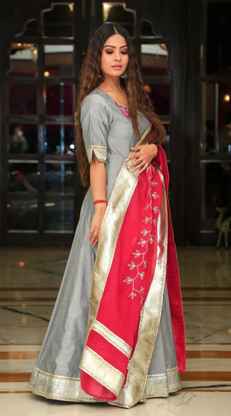 Silver Grey Embroidery Anarkali Ethnic Dress with Rani Dupatta