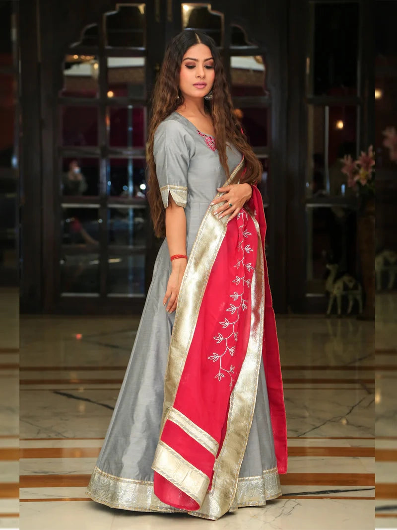 Silver Grey Embroidery Anarkali Ethnic Dress with Rani Dupatta - Indianvirasat