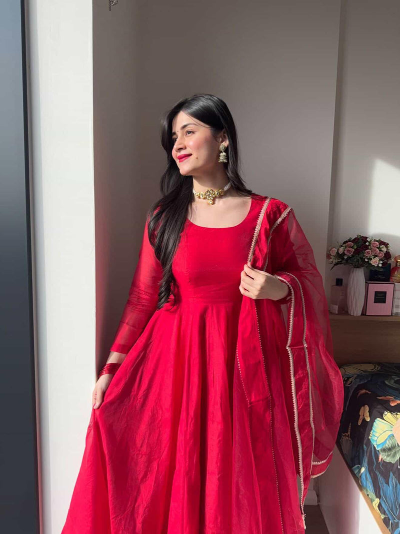 Elegant red Anarkali suit set from Indian Virasat featuring intricate embroidery and traditional design, perfect for festive occasions.