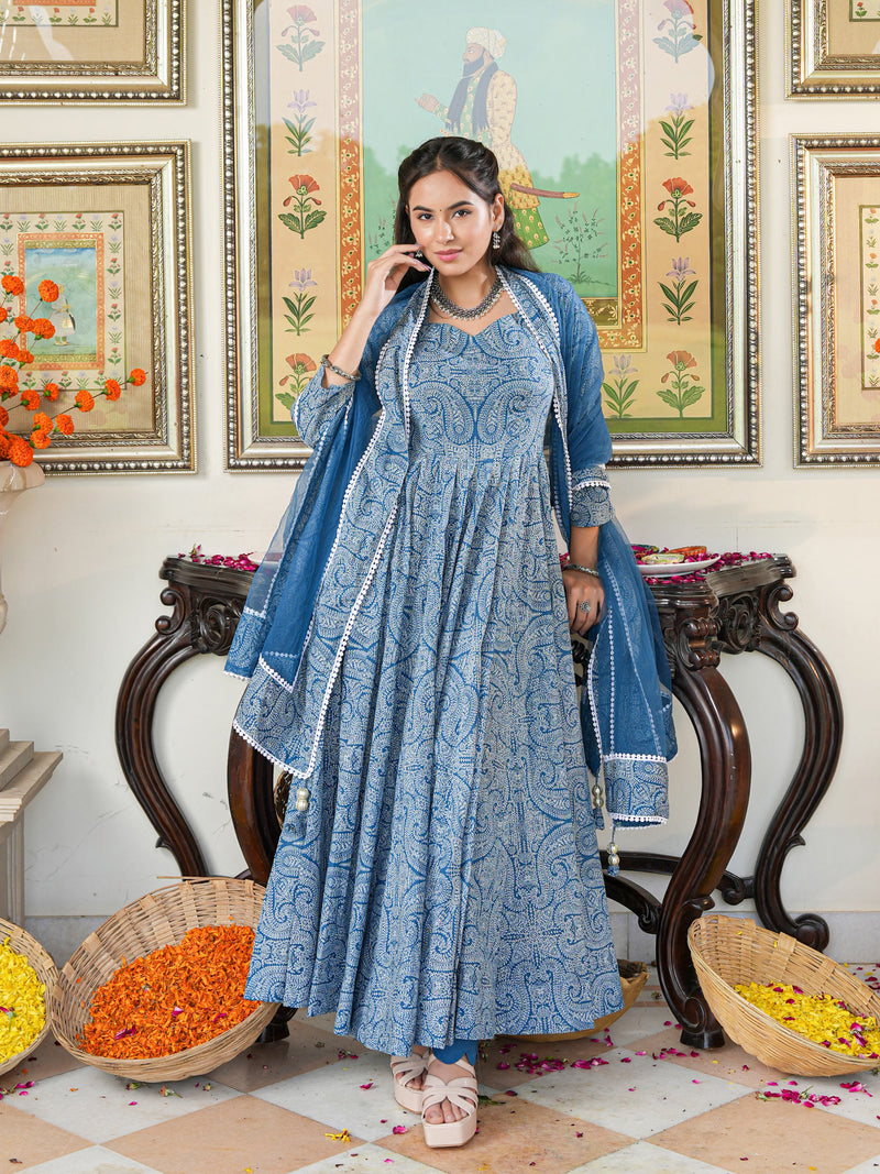Marshall Blue Printed Anakali Suit Set with Dupatta - Indianvirasat