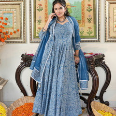 Marshall Blue Printed Anakali Suit Set with Dupatta - Indianvirasat