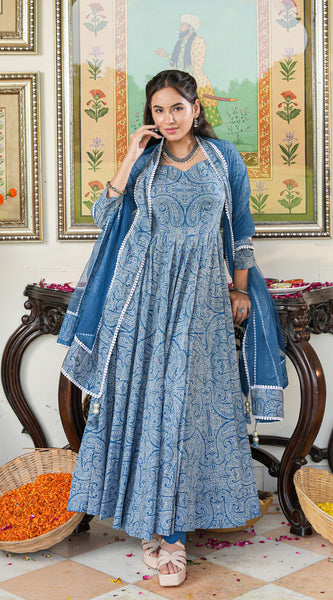 Marshall Blue Printed Anakali Suit Set with Dupatta